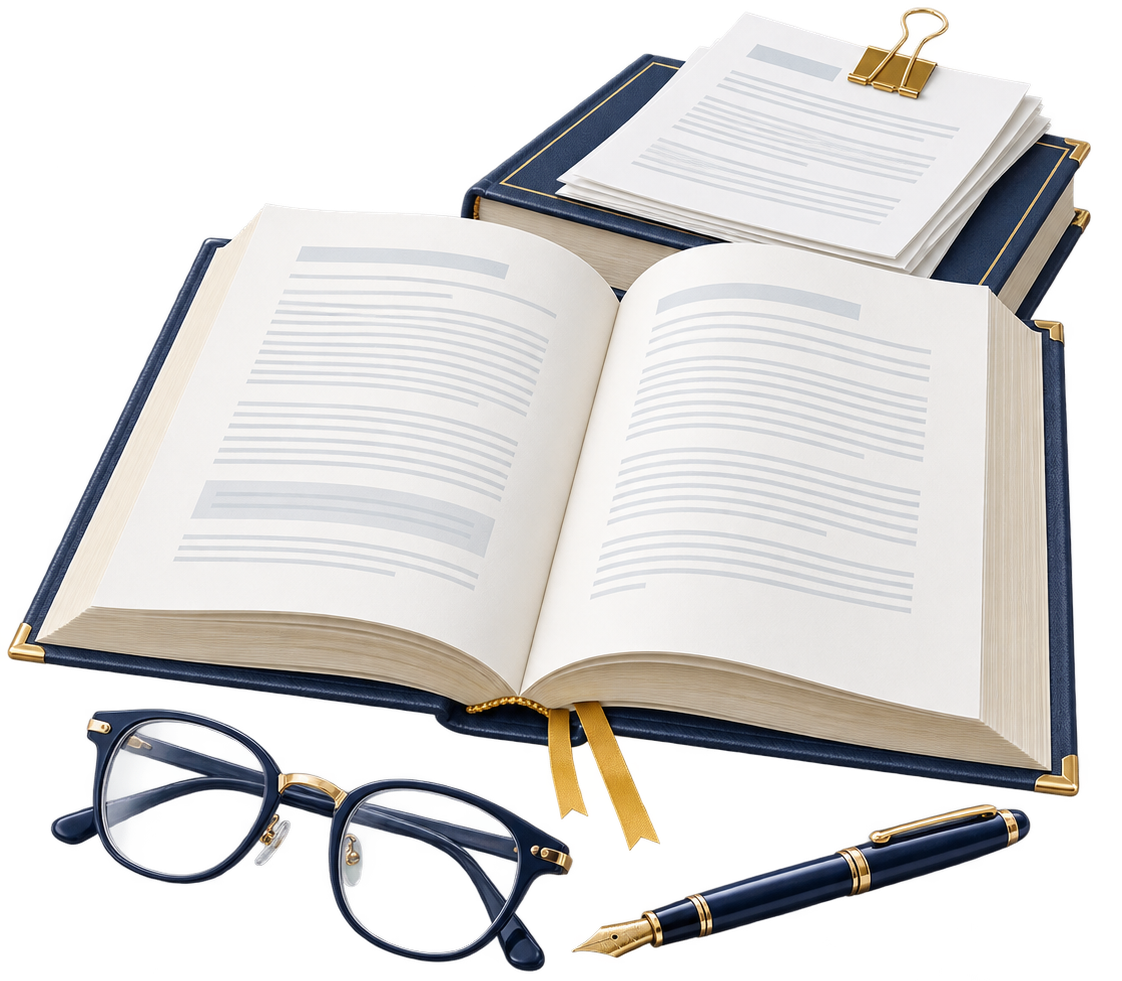 Открытая юридическая книга, очки и перо
